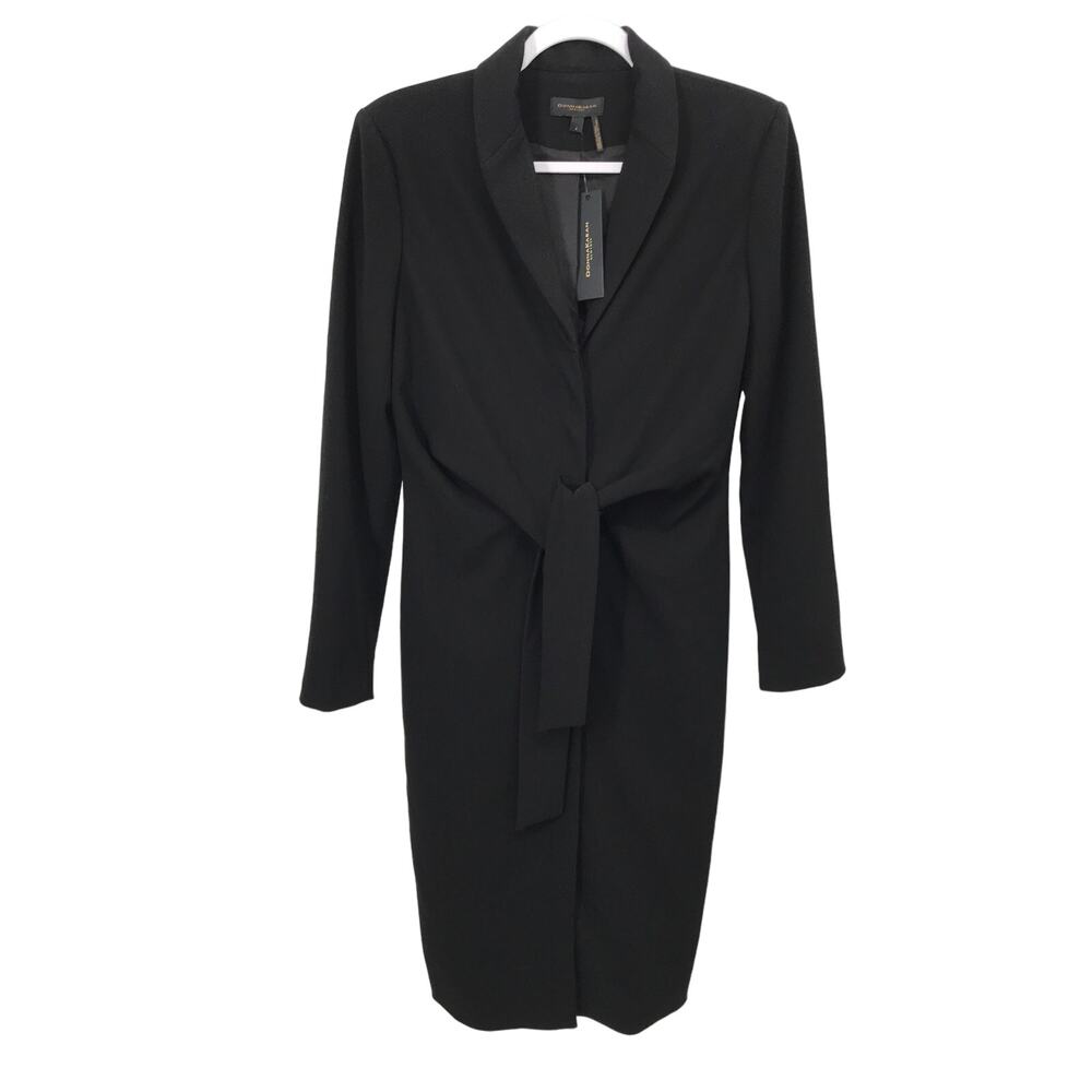 Donna Karan Black Hidden Button Tie Front Long Sleeve Heavy Shirt Dress 4